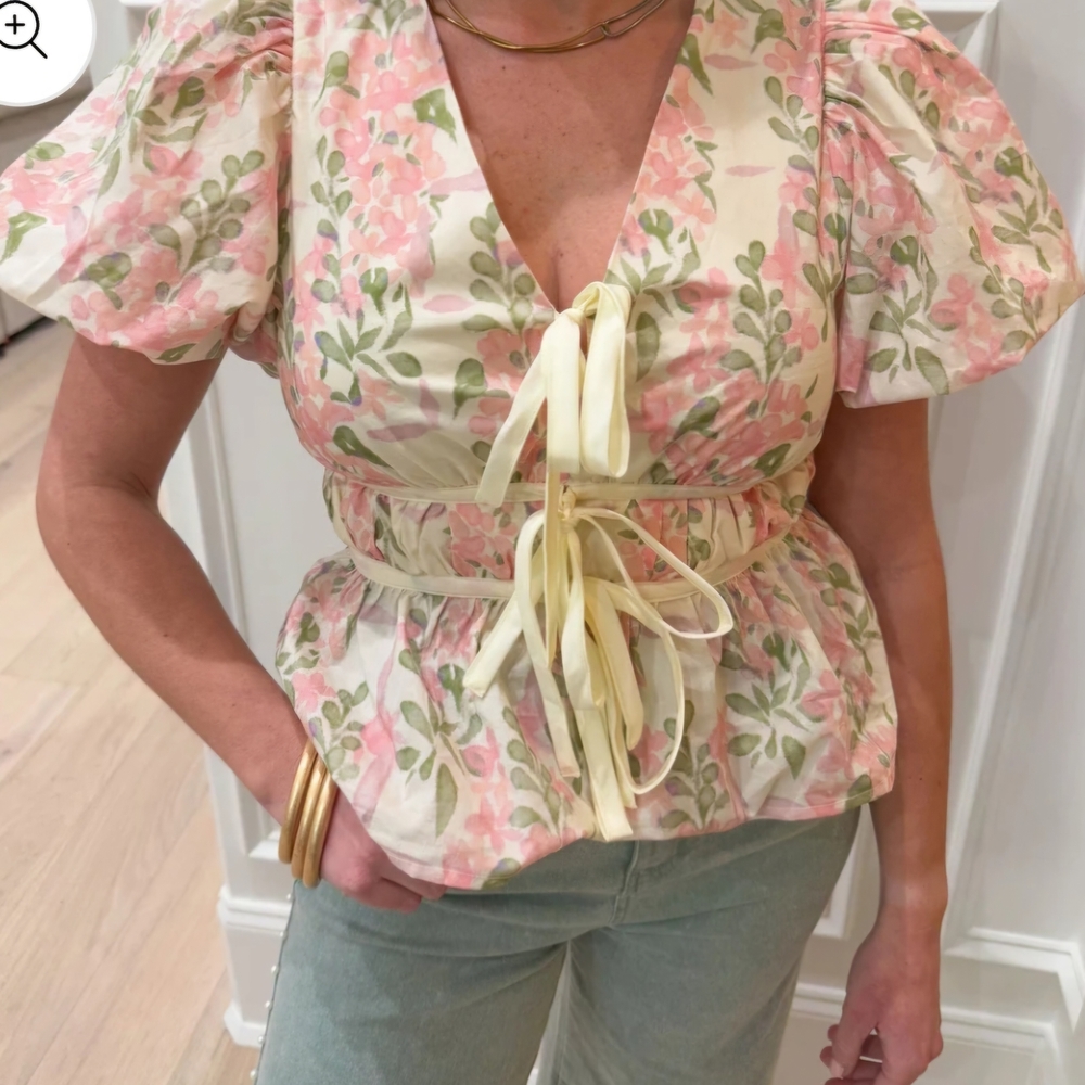 Pink and Green Puff Sleeve Peplum Blouse with Tie Front